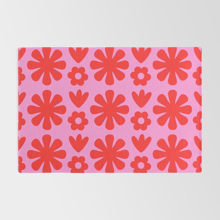 Preppy Pink and Red Scandi Floral Grid Retro Flower Pattern Rug Gallery Image 2