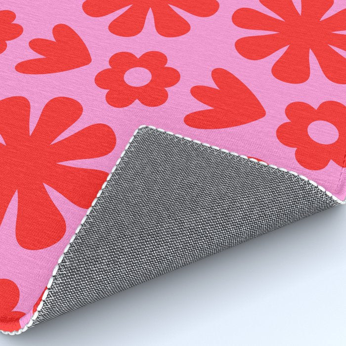 Preppy Pink and Red Scandi Floral Grid Retro Flower Pattern Rug Gallery Image 4