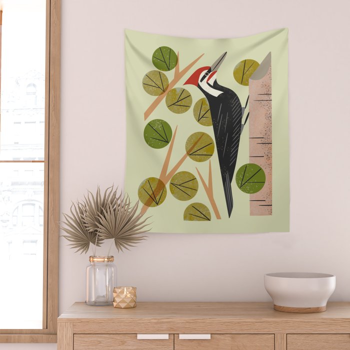 Woodpecker In Aspen Tree Wall Tapestry Gallery Image 2