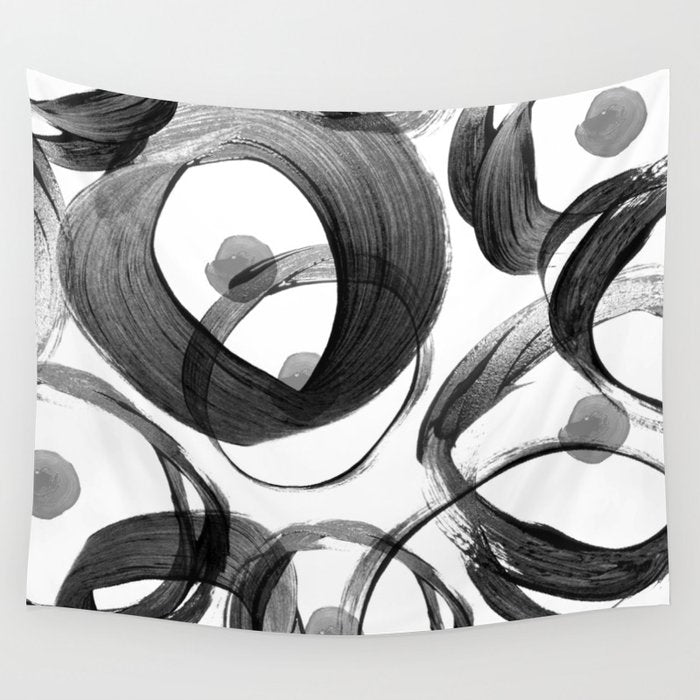 Modern abstract black white hand painted brushstrokes Wall Tapestry Gallery Image 4