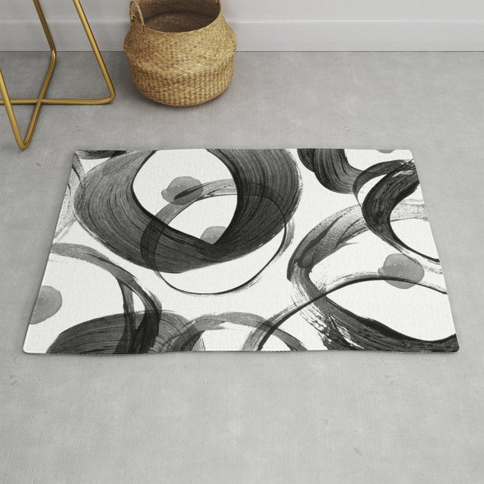Modern abstract black white hand painted brushstrokes Rug Gallery Image 1