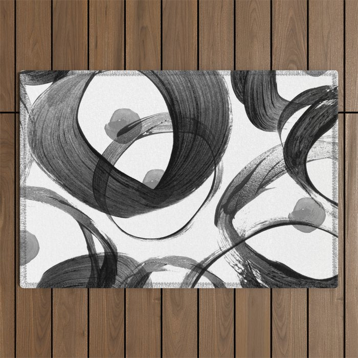 Modern abstract black white hand painted brushstrokes Outdoor Rug Gallery Image 1
