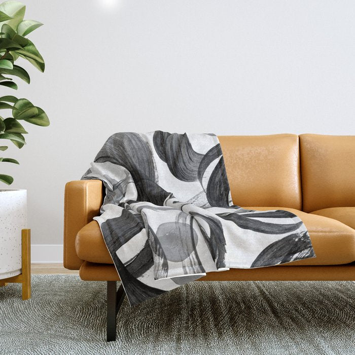 Modern abstract black white hand painted brushstrokes Throw Blanket Gallery Image 1