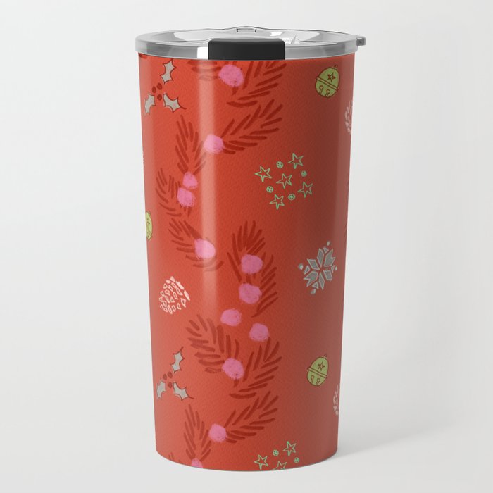 Whimsical Tiny Toys & Pine Branches in Red Travel Mug Gallery Image 1
