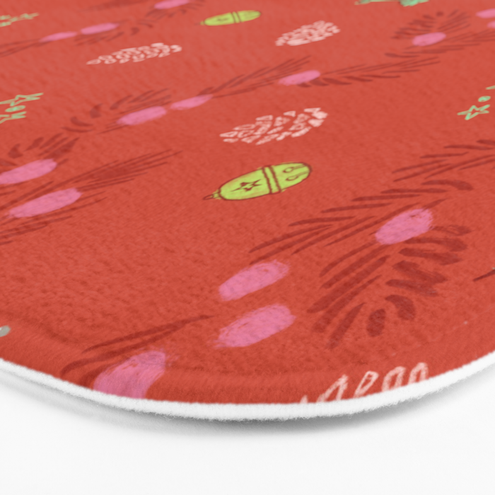 Whimsical Tiny Toys & Pine Branches in Red Bath Mat Gallery Image 3