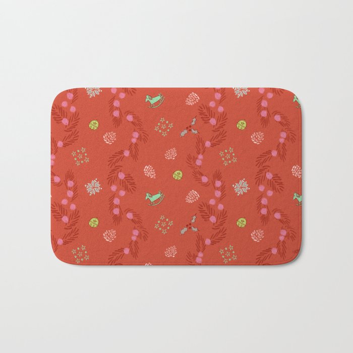 Whimsical Tiny Toys & Pine Branches in Red Bath Mat Gallery Image 1