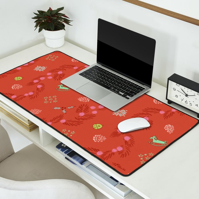 Whimsical Tiny Toys & Pine Branches in Red Desk Mat Gallery Image 2