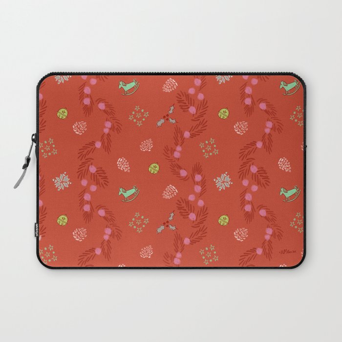 Whimsical Tiny Toys & Pine Branches in Red Laptop Sleeve Gallery Image 1
