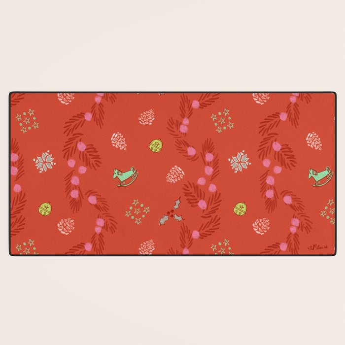 Whimsical Tiny Toys & Pine Branches in Red Desk Mat Gallery Image 3
