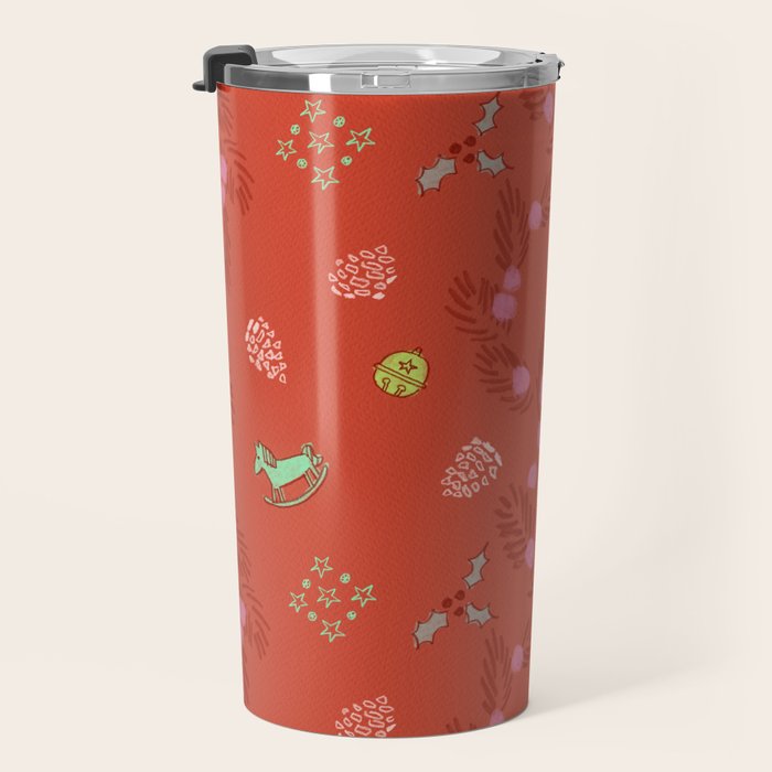 Whimsical Tiny Toys & Pine Branches in Red Travel Mug Gallery Image 3
