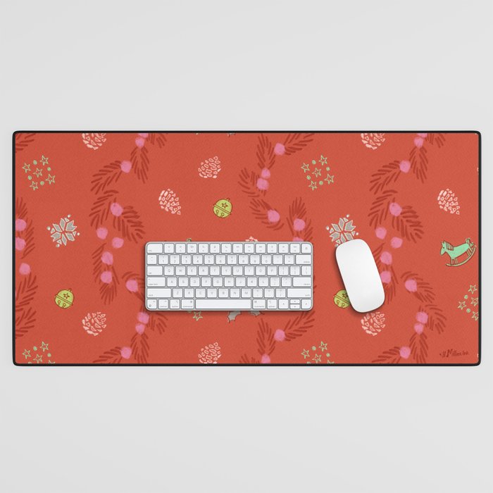 Whimsical Tiny Toys & Pine Branches in Red Desk Mat Gallery Image 1