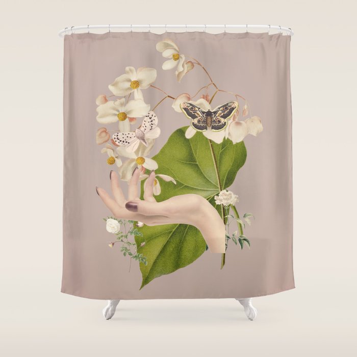 Minimal Collage/ Hand, Plants and Butterflies 8 Shower Curtain Gallery Image 1