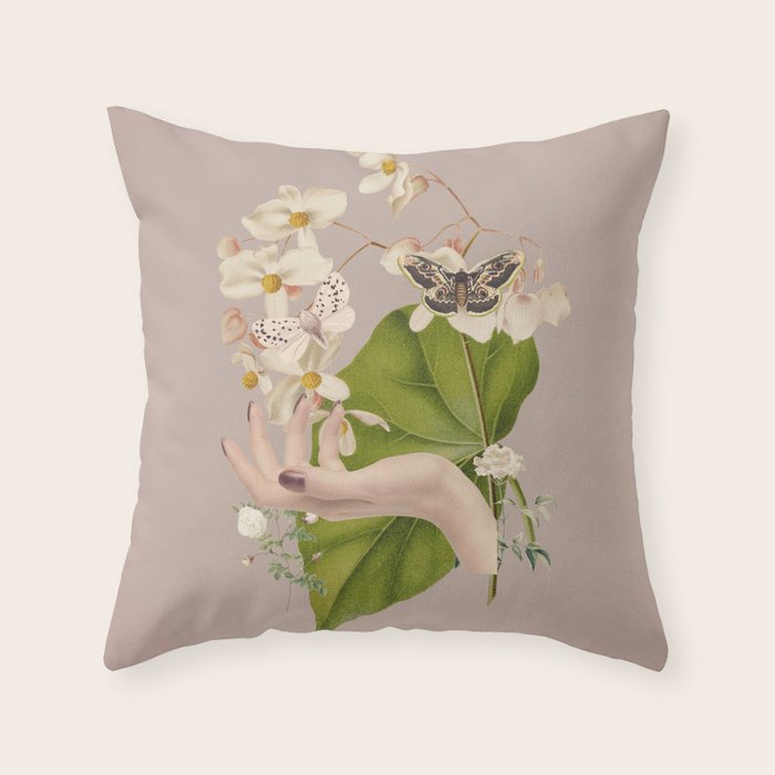 Minimal Collage/ Hand, Plants and Butterflies 8 Throw Pillow Gallery Image 1