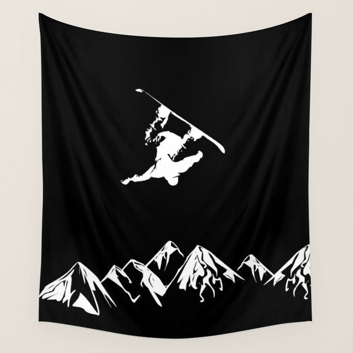 Rocky Mountain Snowboarder Catching Air Wall Tapestry Gallery Image 4