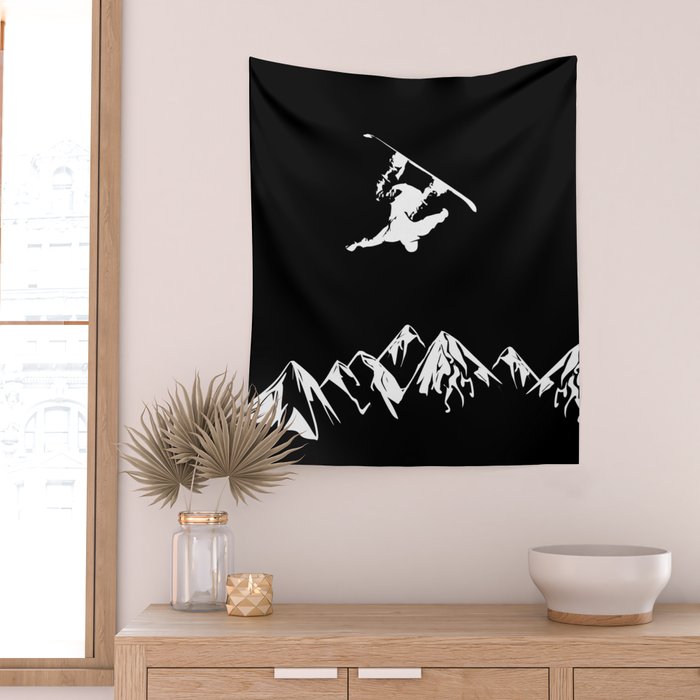 Rocky Mountain Snowboarder Catching Air Wall Tapestry Gallery Image 2