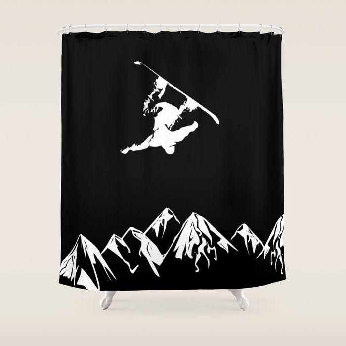 Rocky Mountain Snowboarder Catching Air Shower Curtain Gallery Image 1
