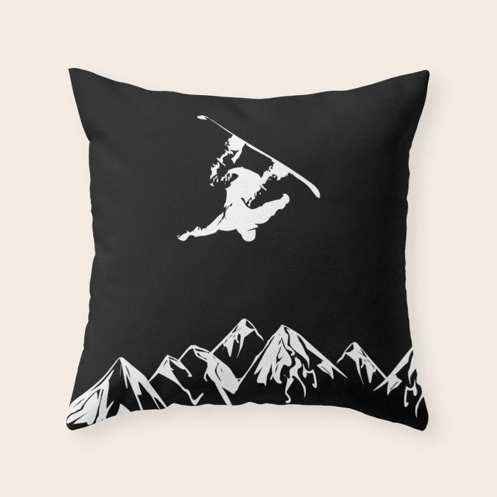 Rocky Mountain Snowboarder Catching Air Throw Pillow Gallery Image 6