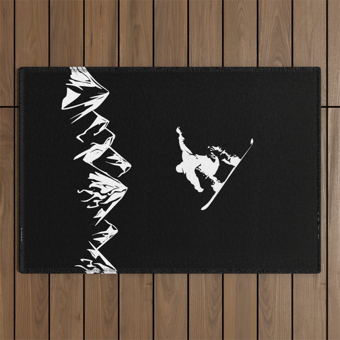 Rocky Mountain Snowboarder Catching Air Outdoor Rug Gallery Image 1