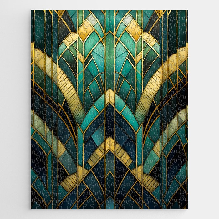 Gatsby Inspired Dark Green Gold Art Deco Pattern Jigsaw Puzzle Gallery Image 1