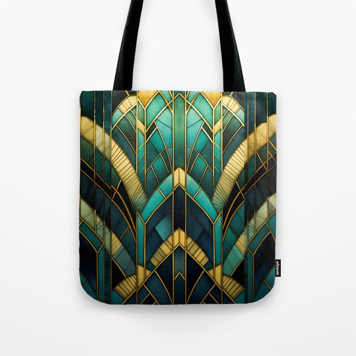 Gatsby Inspired Dark Green Gold Art Deco Pattern Tote Bag Gallery Image 1