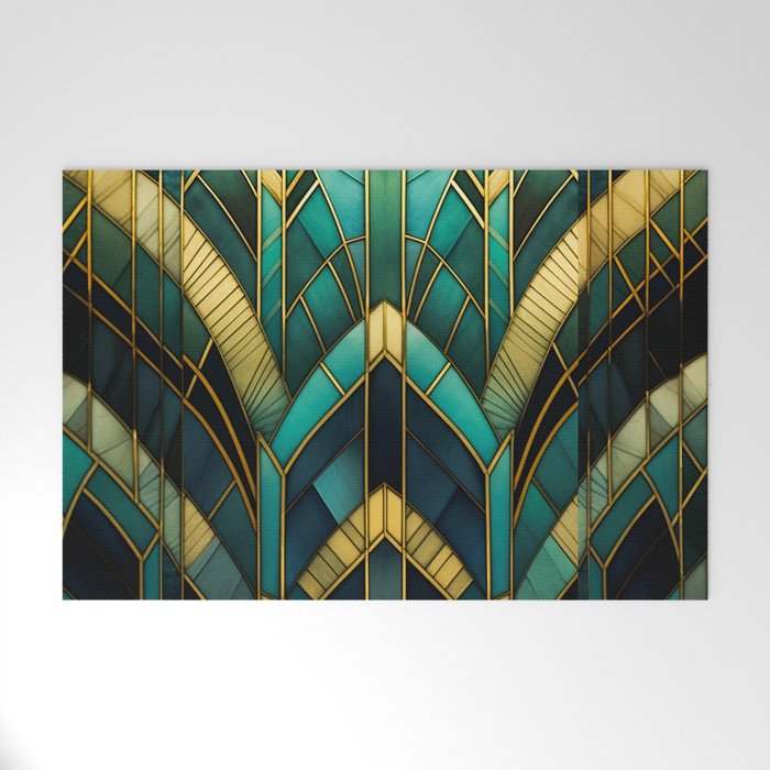 Gatsby Inspired Dark Green Gold Art Deco Pattern Welcome Mat Gallery Image 1