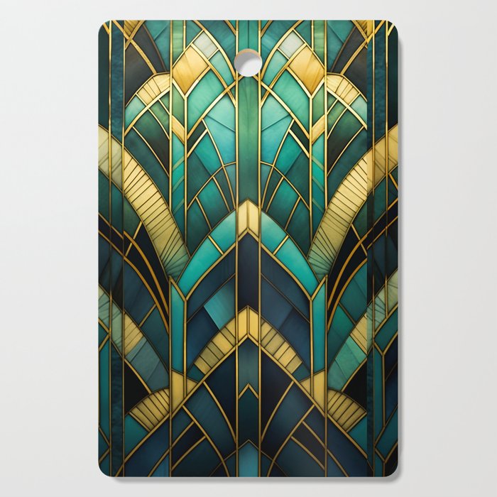 Gatsby Inspired Dark Green Gold Art Deco Pattern Cutting Board Gallery Image 1