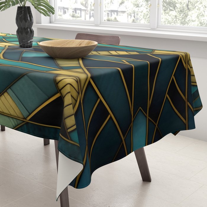 Gatsby Inspired Dark Green Gold Art Deco Pattern Tablecloth Gallery Image 3