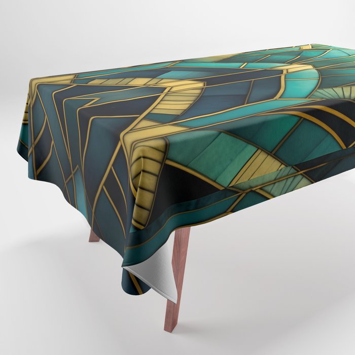 Gatsby Inspired Dark Green Gold Art Deco Pattern Tablecloth Gallery Image 1