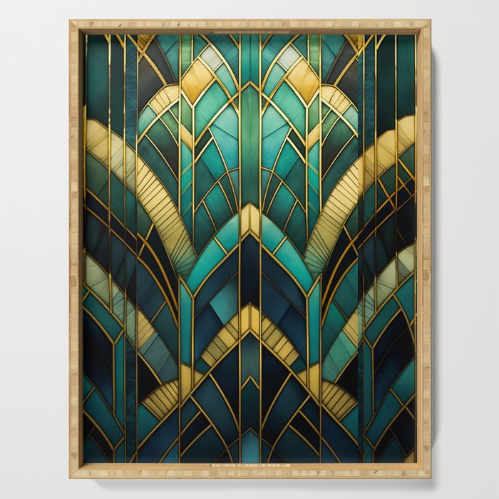 Gatsby Inspired Dark Green Gold Art Deco Pattern Serving Tray Gallery Image 1