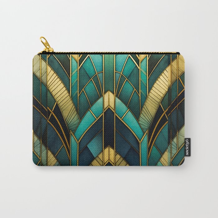 Gatsby Inspired Dark Green Gold Art Deco Pattern Carry All Pouch Gallery Image 1