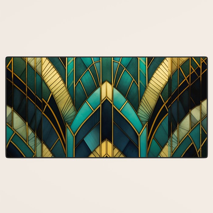 Gatsby Inspired Dark Green Gold Art Deco Pattern Desk Mat Gallery Image 3