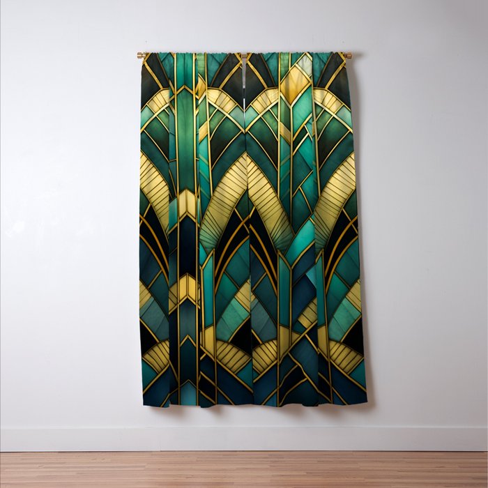 Gatsby Inspired Dark Green Gold Art Deco Pattern Window Curtain Gallery Image 3