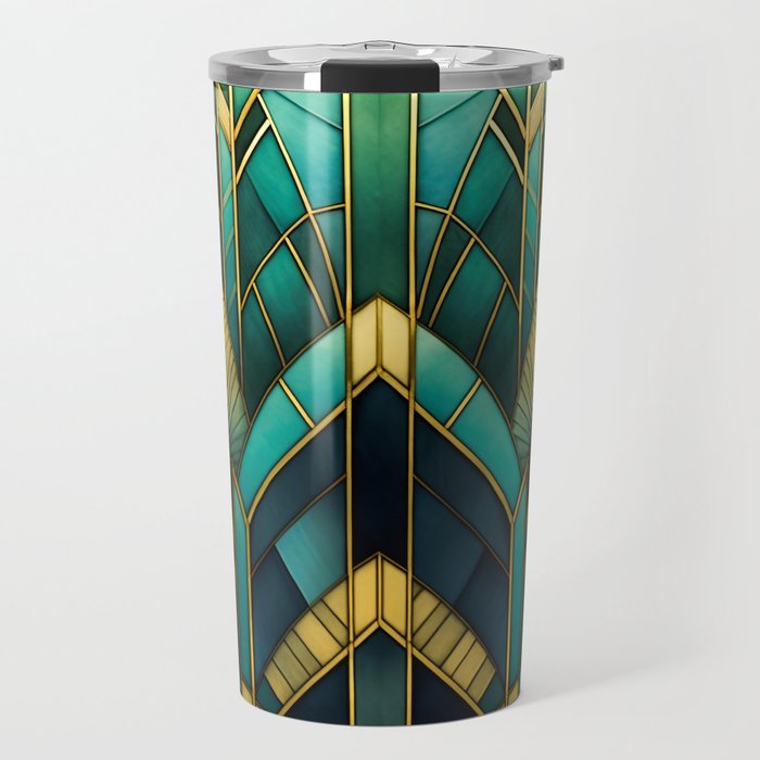 Gatsby Inspired Dark Green Gold Art Deco Pattern Travel Mug Gallery Image 1