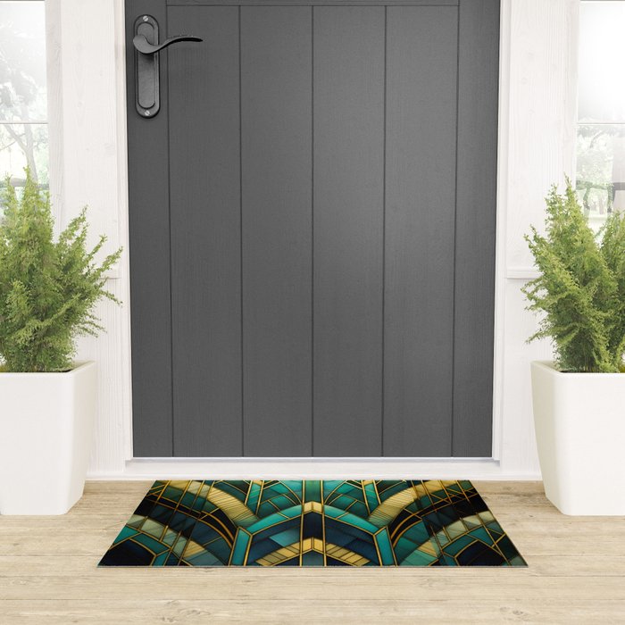 Gatsby Inspired Dark Green Gold Art Deco Pattern Welcome Mat Gallery Image 3