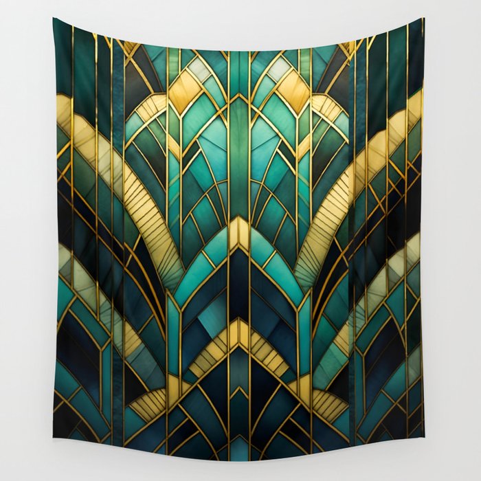 Gatsby Inspired Dark Green Gold Art Deco Pattern Wall Tapestry Gallery Image 1