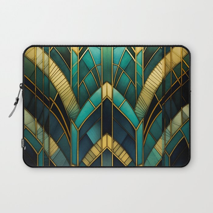 Gatsby Inspired Dark Green Gold Art Deco Pattern Laptop Sleeve Gallery Image 1