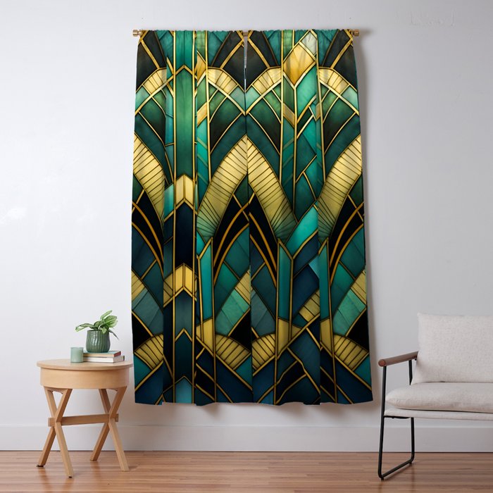 Gatsby Inspired Dark Green Gold Art Deco Pattern Window Curtain Gallery Image 5