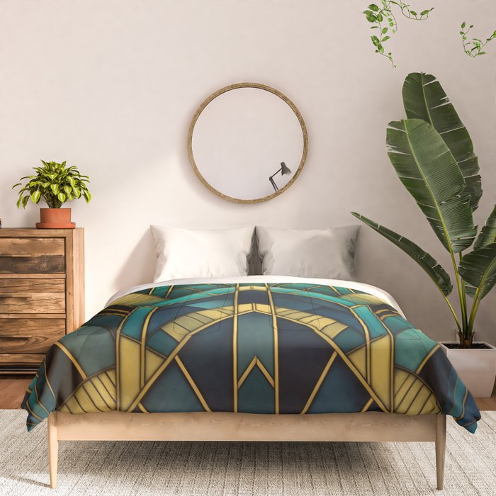 Gatsby Inspired Dark Green Gold Art Deco Pattern Comforter Gallery Image 3