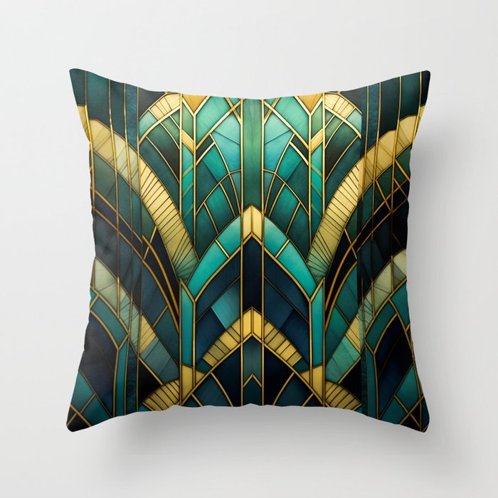 Gatsby Inspired Dark Green Gold Art Deco Pattern Throw Pillow Gallery Image 6