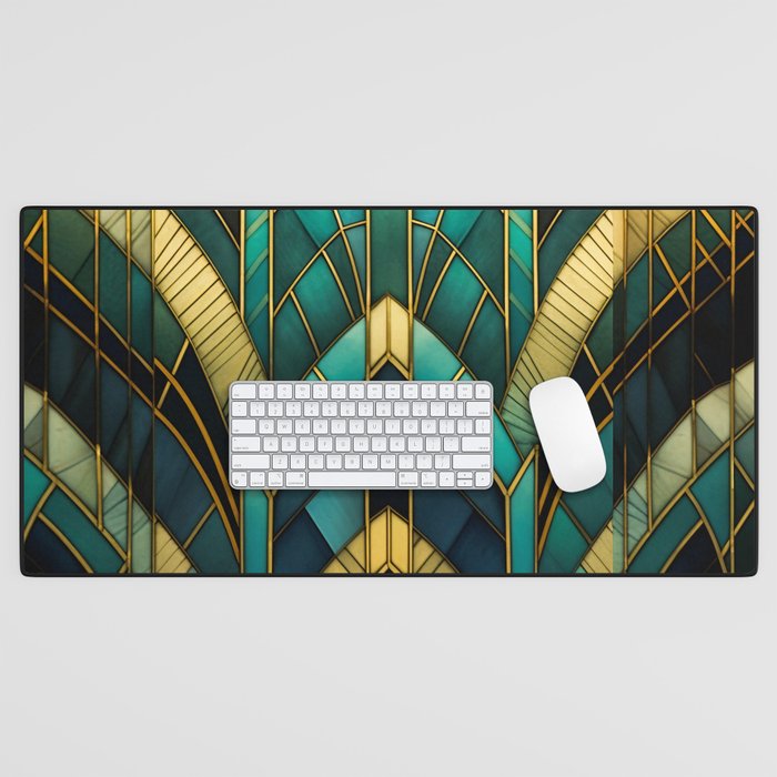 Gatsby Inspired Dark Green Gold Art Deco Pattern Desk Mat Gallery Image 1