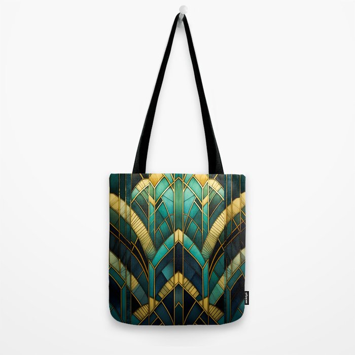 Gatsby Inspired Dark Green Gold Art Deco Pattern Tote Bag Gallery Image 2