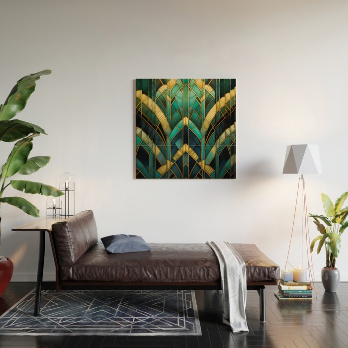 Gatsby Inspired Dark Green Gold Art Deco Pattern Wood Wall Art Gallery Image 2