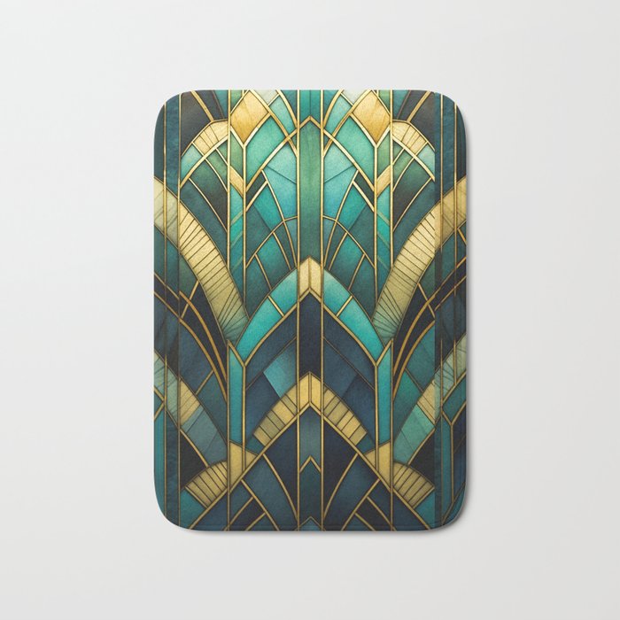 Gatsby Inspired Dark Green Gold Art Deco Pattern Bath Mat Gallery Image 1