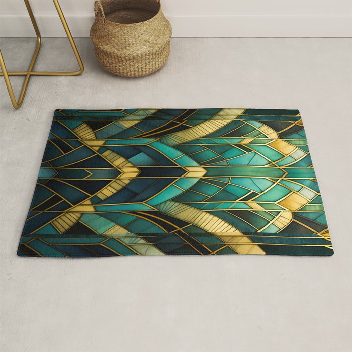 Gatsby Inspired Dark Green Gold Art Deco Pattern Rug Gallery Image 1