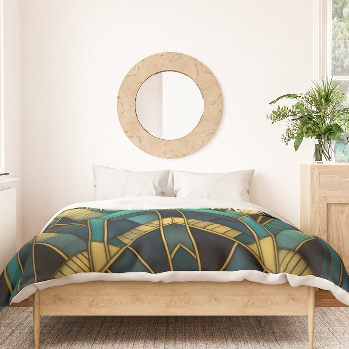 Gatsby Inspired Dark Green Gold Art Deco Pattern Duvet Cover Gallery Image 3