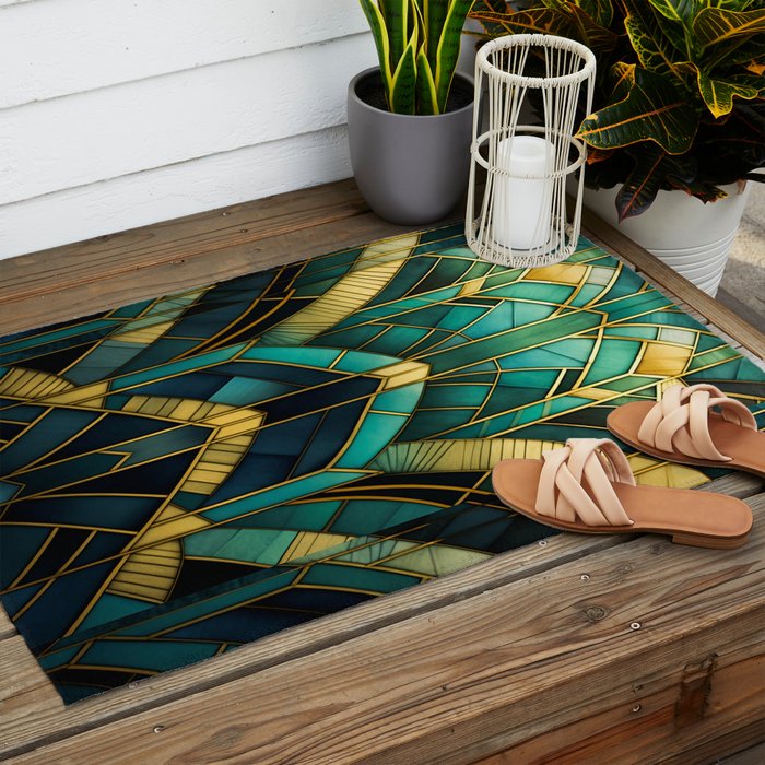 Gatsby Inspired Dark Green Gold Art Deco Pattern Outdoor Rug Gallery Image 2