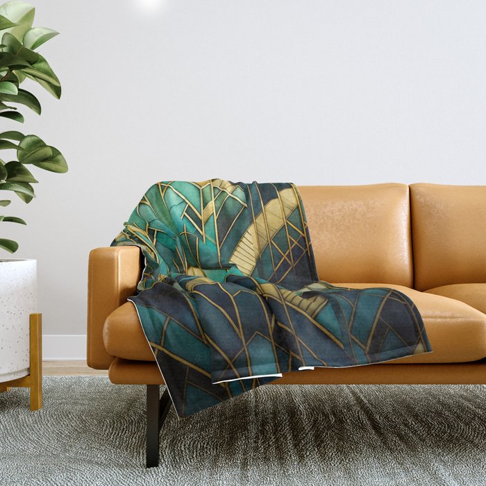 Gatsby Inspired Dark Green Gold Art Deco Pattern Throw Blanket Gallery Image 1