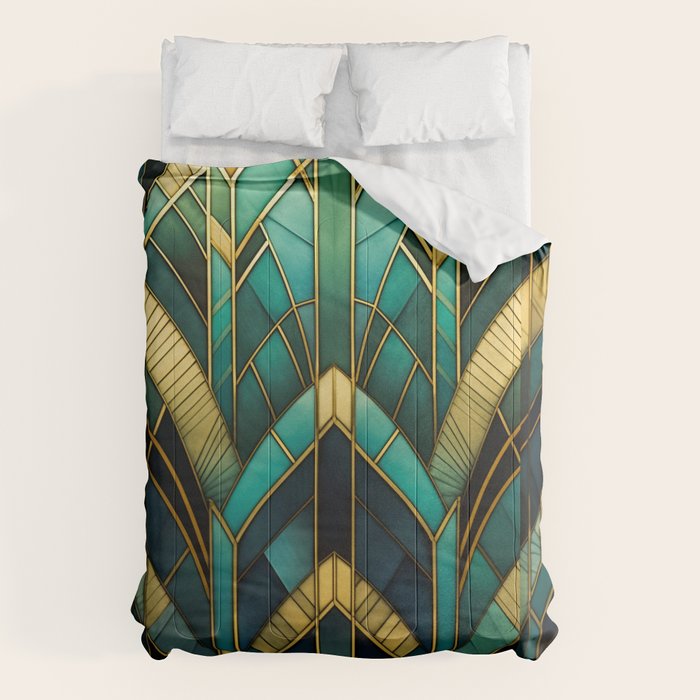 Gatsby Inspired Dark Green Gold Art Deco Pattern Comforter Gallery Image 1