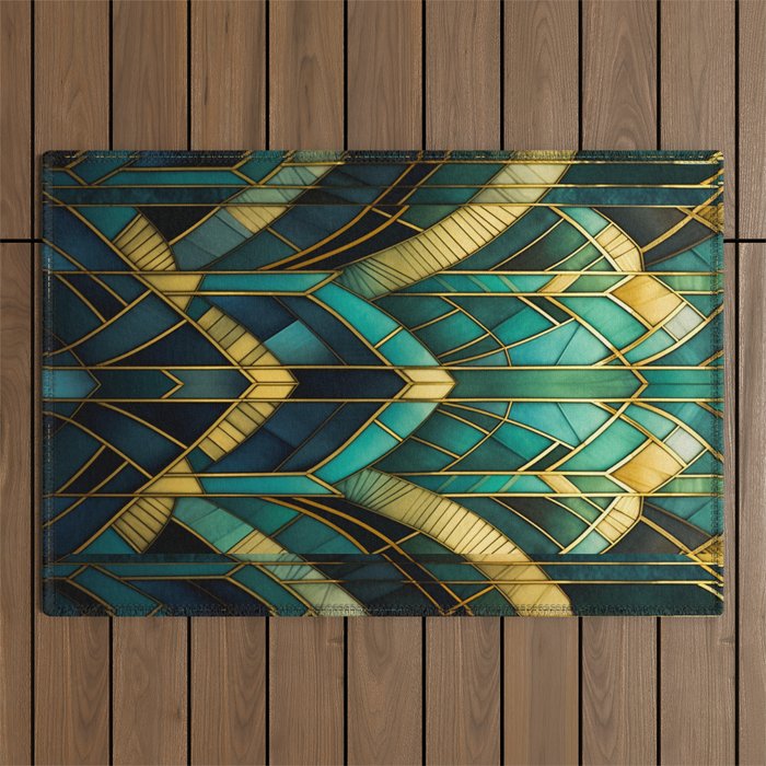 Gatsby Inspired Dark Green Gold Art Deco Pattern Outdoor Rug Gallery Image 1