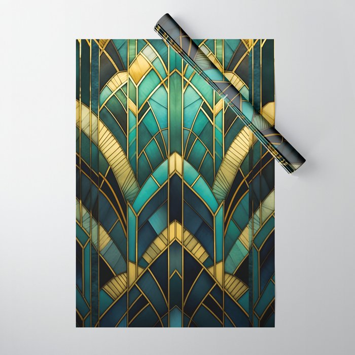 Gatsby Inspired Dark Green Gold Art Deco Pattern Wrapping Paper Gallery Image 1